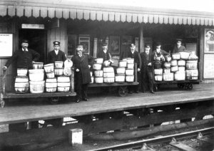 The Oyster Trade - Whitstable Town Station. Oysters awaiting shipment at Whistable Town Station. Photo from the Douglas West Collection. Courtesy of Whitstable Museum.